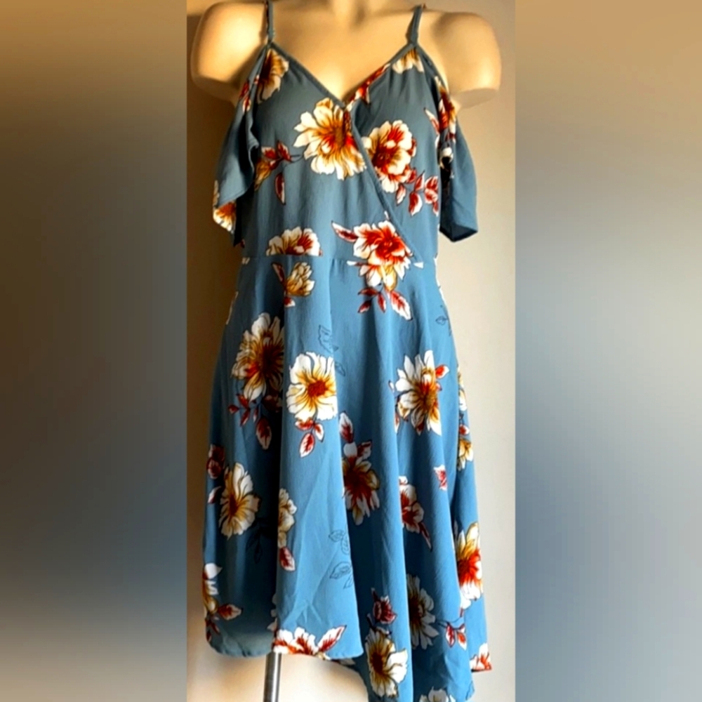 Xhilaration Teal Dress with Floral Design